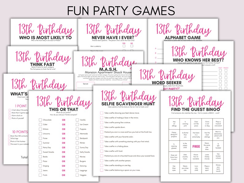 13th Birthday Party Games, 13 Year Old Party Games, Thirteenth Birthday