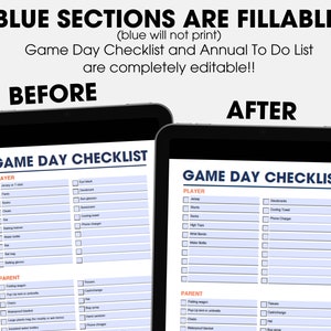 May include: A digital checklist for game day, with sections for "Player" and "Parent". The checklist is divided into two columns, with checkboxes next to each item. The checklist is editable and printable. The text "GAME DAY CHECKLIST" is at the top of the checklist.