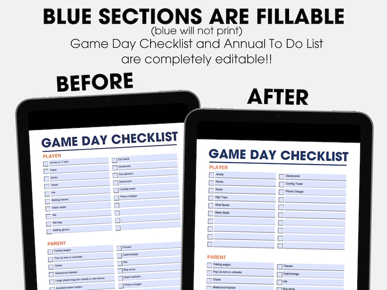May include: A digital checklist for game day, with sections for "Player" and "Parent". The checklist is divided into two columns, with checkboxes next to each item. The checklist is editable and printable. The text "GAME DAY CHECKLIST" is at the top of the checklist.