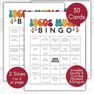Bingo musical de los años 60, juego de los años 60, juego de bingo musical, fiesta de los años 60, juegos de fiesta de los años 60, lista de reproducción de los años 60, fiesta de cumpleaños retro, tarjetas de bingo musical de los años 60