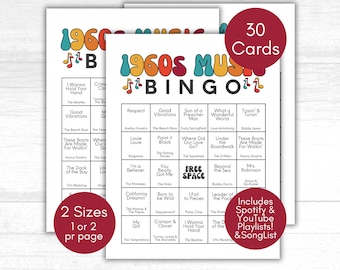 1960s Music Bingo, 1960s Game, Music Bingo Game, 60s party, 60s party games, 1960s Playlist, Throwback Birthday party, Music Bingo Cards 60s
