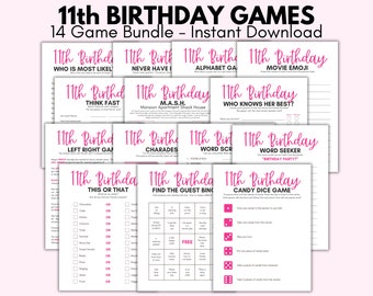 May include: A set of 14 printable 11th birthday party games. The games include "Who is Most Likely", "Never Have I", "Alphabet Game", "Movie Emoji", "Think Fast", "M.A.S.H", "Who Knows Her Best", "Left Right Game", "Charades", "Word Scramble", "Word Seeker", "This or That", "Find the Guest Bingo", and "Candy Dice Game".