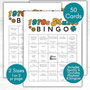 Bingo musical de los años 70, juego de los años 70, juego de bingo musical, fiesta de los años 70, juegos de fiesta de los años 70, lista de reproducción de los años 70, fiesta de cumpleaños retro, tarjetas de bingo musical de los años 70