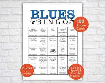 Blues Music Bingo, playlist di successi blues, 100 cartelle del bingo, cartelle del bingo musicale stampabili, Blues Bingo, playlist Spotify, gioco musicale per feste
