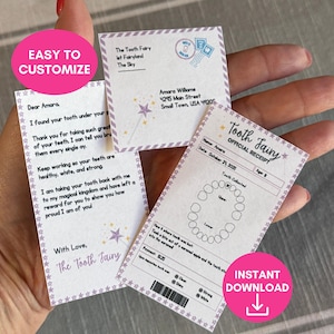 Mini carta del Hada de los Dientes, recibo imprimible del Hada de los Dientes, carta imprimible en PDF del Hada de los Dientes, sobre del Hada de los Dientes, set editable del Hada de los Dientes