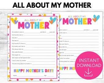 All About My Mother Printable, Mother's Day Gift, All About Mom Keepsake Gift, Gift from Child, Gift Ideas for Mom, Printable PDF