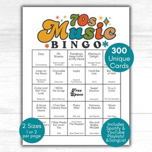 70s Music Bingo, 1970s Game, Music Bingo Game, 70s party, 70s party games, 1970s Playlist, Throwback Birthday party, 200 Music Bingo Cards image 1