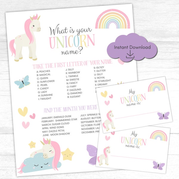 What is your Unicorn Name Game, Unicorn Birthday Game, Unicorn Party Printable, Unicorn Rainbow Birthday, Party Sign and Name Tags