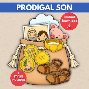 Może przedstawiać: Ilustracja beżowej torby ze sznurkiem z napisem "PRODIGAL SON" na górze. Torba zawiera ilustracje ojca i syna, monety, pierścień, sandały i świnię. Obecne są również słowa "Natychmiastowe pobieranie" i "2 style w zestawie".