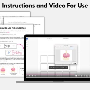 May include: A laptop screen displaying a video tutorial on how to use a bingo card generator. The video shows a pink and white birthday cake image being added to a bingo card template. The text "text, whatever you want to add" is displayed on the screen.