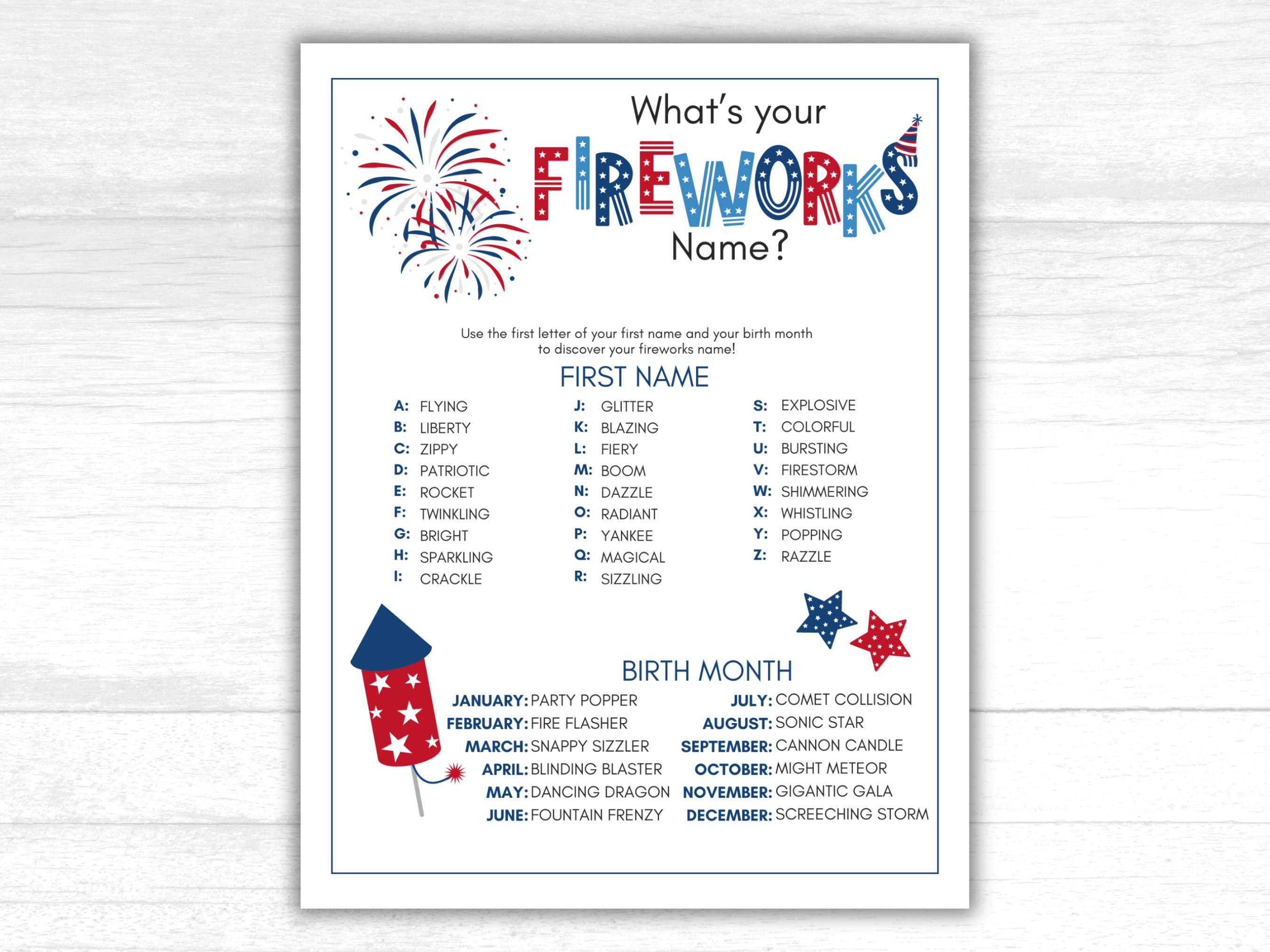 What's Your Fireworks Name Game With Nametags and Sign, July 4th Games ...