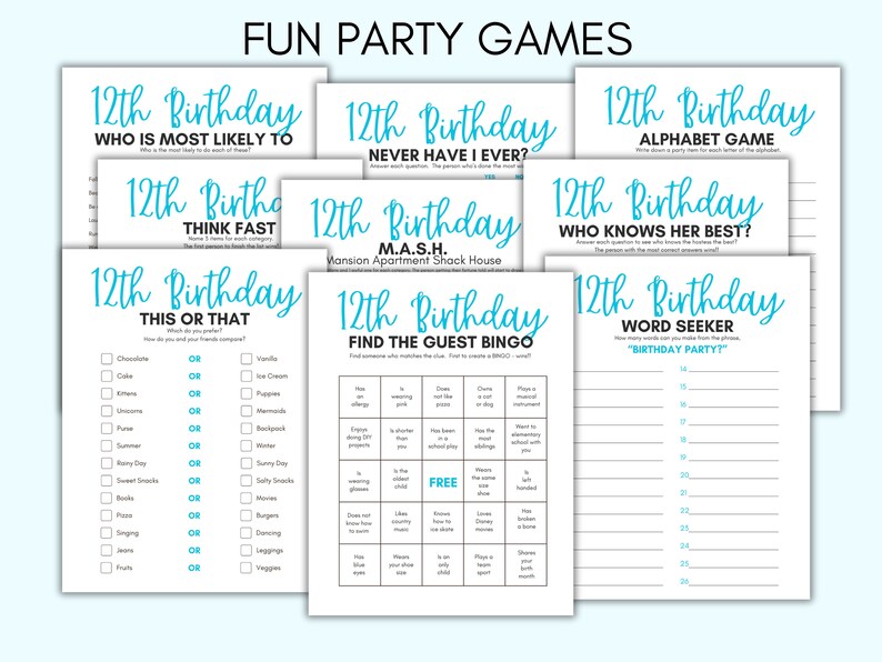 12th Birthday Party Games, 12 Year Old Party Games, Twelfth Birthday