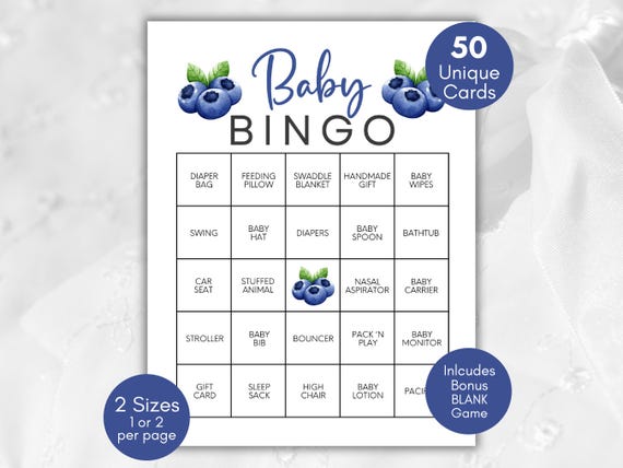 Berry Baby Shower Bingo, Prefilled Blueberry Baby Shower Bingo, Blueberry Theme, Blueberry Baby Shower Activity, Berry Sweet Baby Games