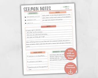 Może przedstawiać: Wydrukowany arkusz notatek z kazania z tytułem "SERMON NOTES" na górze. Arkusz zawiera sekcje na pisma, temat, notatki, główne punkty oraz przemyślenia i zastosowanie. Różowe koło z napisem "Drukuj z liniami lub bez" i ikoną pobierania znajduje się po prawej stronie.