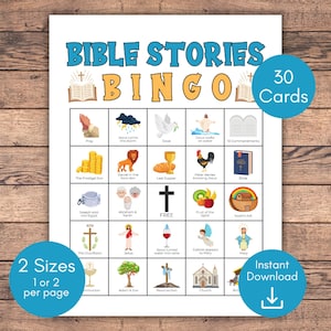 Bibel Bingo, Bibelgeschichten Bingo, Bibelaktivität für Kinder, Bibelspiel für Kinder, Christliche Spiele, Sonntagsschule Bingo, 30 Bibel-Bingokarten