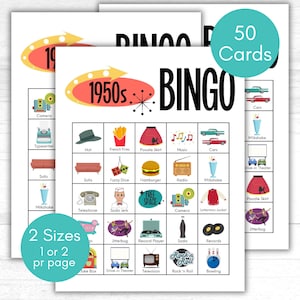 Jaren 50 bingo, jaren 50 bingo, jaren 50 spel, jaren 1950 bingokaarten, jaren 50 feestspel, jaren 50 feestbingo, jaren 50 verjaardagsspel, retro bingospel, afdrukbare bingo