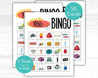1950s Bingo, 50s Bingo, 50s game, 1950s Bingo Cards, 50s Party Game, 50s Party Bingo, 50s Birthday Game, Retro Bingo Game, Printable Bingo