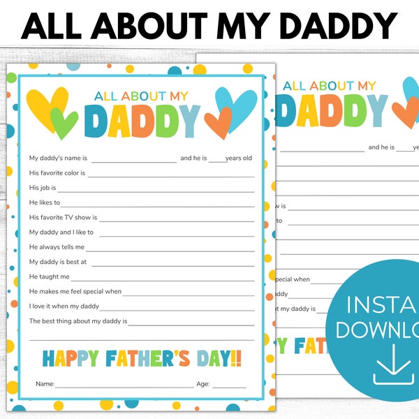 All About My Daddy Printable, Father's Day Gift, All About Daddy Keepsake Gift, Gift from Child, Gift Ideas for Dad, Printable PDF,