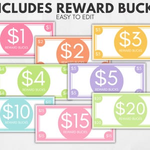 Op de afbeelding: Kleurrijke beloningsbucks in coupures van $1, $2, $3, $4, $5, $10, $15 en $20. Elke biljet heeft een grote cirkel met het bedrag en de woorden "REWARD BUCKS". De tekst "INCLUDES REWARD BUCKS EASY TO EDIT" staat bovenaan.