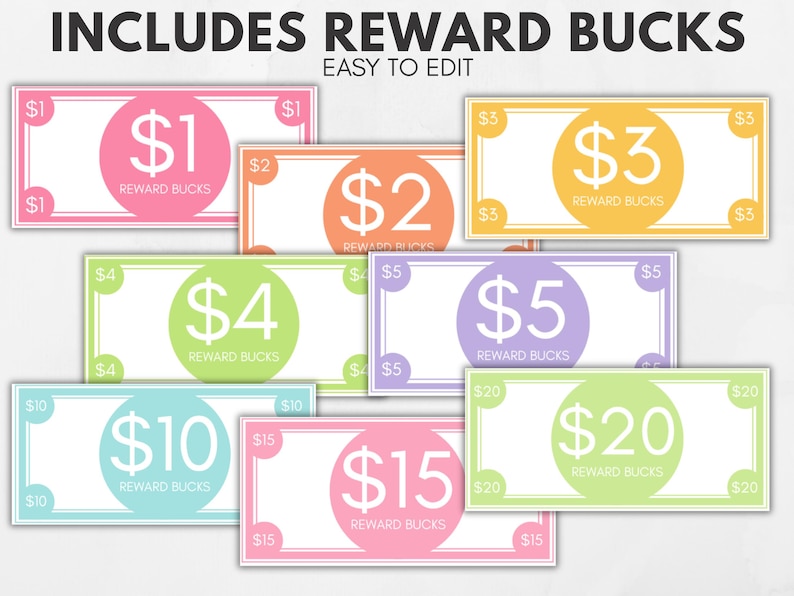 Op de afbeelding: Kleurrijke beloningsbucks in coupures van $1, $2, $3, $4, $5, $10, $15 en $20. Elke biljet heeft een grote cirkel met het bedrag en de woorden "REWARD BUCKS". De tekst "INCLUDES REWARD BUCKS EASY TO EDIT" staat bovenaan.