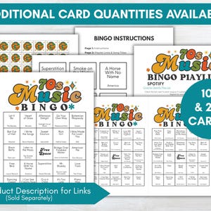 May include: A collection of retro-themed bingo cards with the text "70s Music Bingo" in orange, yellow, and blue. The cards include song titles and a Spotify playlist. The image also shows bingo instructions and a note about additional card quantities.