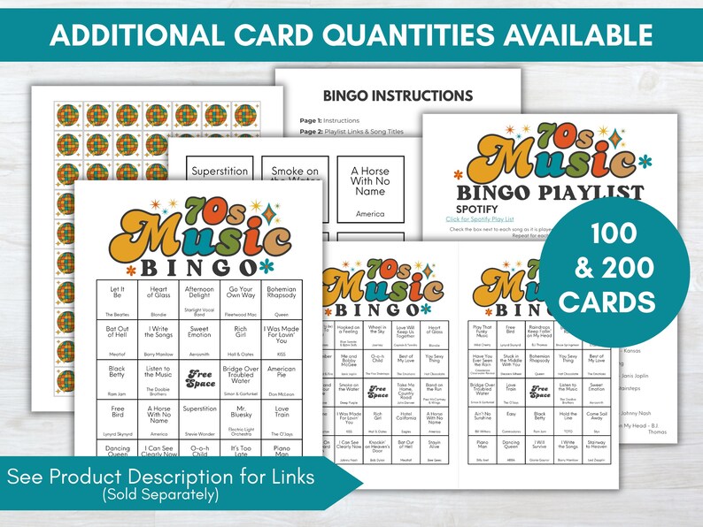 May include: A collection of retro-themed bingo cards with the text "70s Music Bingo" in orange, yellow, and blue. The cards include song titles and a Spotify playlist. The image also shows bingo instructions and a note about additional card quantities.