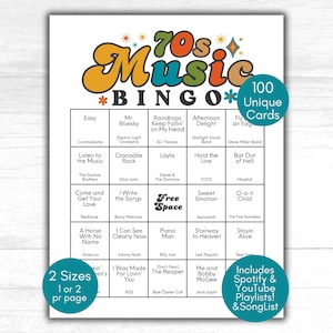 70s Music Bingo, 1970s Game, Music Bingo Game, 70s party, 70s party games, 1970s Playlist, Throwback Birthday party, Music Bingo Cards 70s