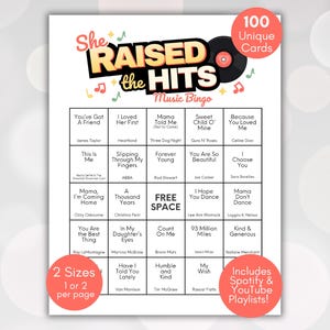 Pode incluir: Um cartão branco de bingo musical com o texto "She Raised the Hits" e um gráfico de disco de vinil. O cartão apresenta 25 quadrados com títulos de músicas e nomes de artistas. Inclui 100 cartões exclusivos e listas de reprodução do Spotify e YouTube.