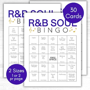 R&B Songs Bingo, RB Music Bingo, Soul Music Bingo, Music Party Activity, Music Bingo Game, Printable Bingo Cards