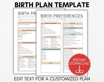Birth Plan Template, Editable Birth Plan, Printable Birth Plan, Natural Birthing Plan, Visual Birth Plan, Simple Birth Plan Template