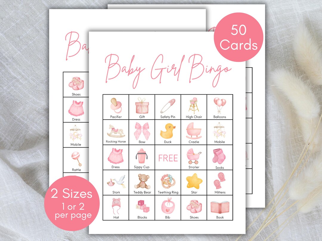 Baby Girl Bingo, 50 Baby Shower Bingo Cards, Baby Girl Shower Printable ...