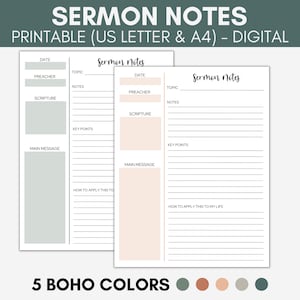 Könnte beinhalten: Druckbare Predigtnotizen-Vorlage in den Formaten US Letter und A4. Die Vorlage enthält Abschnitte für Datum, Thema, Prediger, Schrift, Hauptbotschaft, Schlüsselpunkte und wie man die Predigt auf sein Leben anwendet. Die Vorlage ist in fünf Boho-Farben erhältlich: Grün, Orange, Pfirsich, Grau und Türkis.