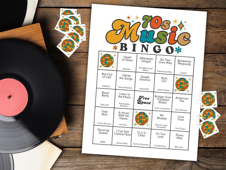 May include: A 70s Music Bingo game sheet with a retro design, featuring song titles and a disco ball graphic. Includes a vinyl record and bingo markers with matching disco ball designs. The text "70s Music Bingo" is prominently displayed.