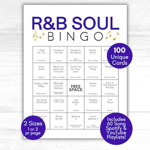 R&B Songs Bingo, RB Music Bingo, Soul Music Bingo, Music Party Activity, Music Bingo Game, Printable Bingo Cards