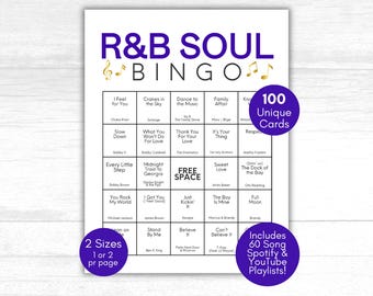 R&B Songs Bingo, RB Music Bingo, Soul Music Bingo, Music Party Activity, Music Bingo Game, Printable Bingo Cards