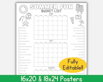Printable Summer Calendar Poster, Summer Bucket List, Summer of Fun Poster, Summer Checklist, Summer Activities List, Summer Boredom Buster