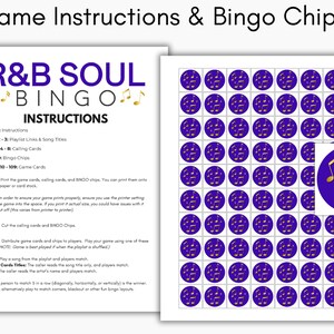 May include: R&B Soul Bingo game set, printed on paper. The set includes instructions and bingo chips. The bingo chips are purple circles with gold musical notes. The instructions are on a white sheet with the game title in purple and gold.