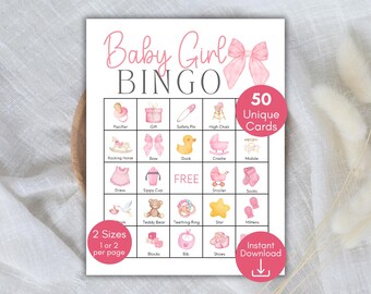 Baby Girl Bingo, 50 Baby Shower Bingo Cards, Baby Girl Shower Printable Game, Baby Bingo Game, Pink Bow Baby Shower, Baby Sprinkle, Pink