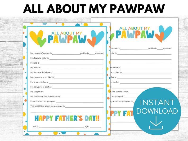 All About My Pawpaw Printable Grandpa Father's Day Gift - Etsy