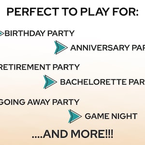 Op de afbeelding: Een tekstafbeelding met de tekst "PERFECT TO PLAY FOR:" gevolgd door een lijst met feesttypen, waaronder verjaardag, jubileum, pensioen, vrijgezellenfeest, afscheidsfeest en spelletjesavond. De zin "...AND MORE!!!" staat onderaan.