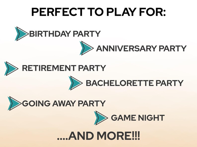 Op de afbeelding: Een tekstafbeelding met de tekst "PERFECT TO PLAY FOR:" gevolgd door een lijst met feesttypen, waaronder verjaardag, jubileum, pensioen, vrijgezellenfeest, afscheidsfeest en spelletjesavond. De zin "...AND MORE!!!" staat onderaan.