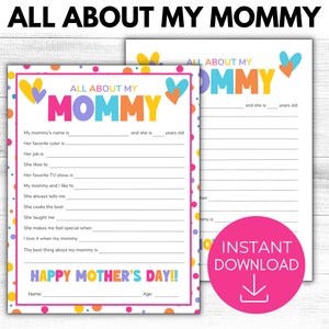 Tudo sobre minha mamãe para impressão, presente de dia das mães, presente de lembrança de tudo sobre mamãe, presente de criança, ideias de presentes para mamãe, PDF para impressão
