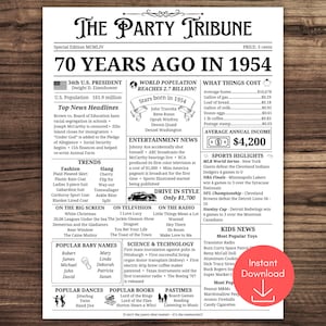 1954 Birthday Poster, 70th Birthday Newspaper, 1954 Newspaper Sign, 70th Birthday Decoration, 70th birthday gift, Printable Poster