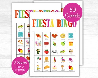 May include: A set of 50 printable Fiesta Bingo cards featuring colorful illustrations of traditional Mexican symbols and foods. The cards are available in two sizes, one or two per page. The text on the cards reads "Fiesta Bingo".