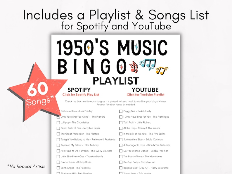 Bingo z muzyką lat 50., gra muzyczna Golden Oldies, gra imprezowa retro, bingo z klasycznymi piosenkami, gra w bingo z lat 50., 200 kart bingo, bingo z muzyką sock hop zdjęcie 4