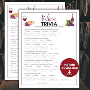 Wine Trivia Game, Printable Wine Tasting Party Game, Wine & Cheese Party Game for Adults, Wine Tasting Icebreaker, Bridal Shower Activity