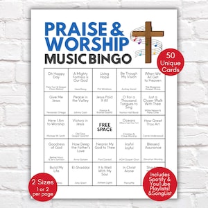 Può includere: Una cartella bingo bianca intitolata "Praise & Worship Music Bingo" con un'intestazione blu. La cartella presenta una griglia di titoli di canzoni e artisti, una croce di legno e una grafica di note musicali. Include 50 carte uniche.