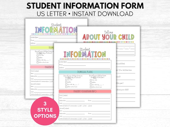 Student Information Form, Student Information Sheet, Daycare All About My Child Form, Bus Rider Form, Car Rider Form, Back to School Info