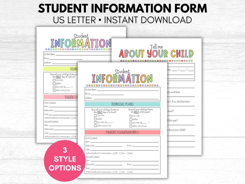 Student Information Form - All About Your Child Forms