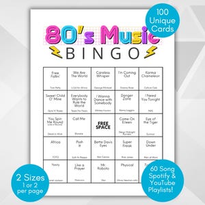 80s Music Bingo, 80s Music Playlist, Totally 80s Game, 80s Party Game, 100 Bingo Cards, Bingo Game with Playlist, Fun Party Game